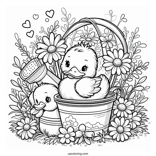 Spring Ducklings In A Watering Can Surrounded by Daisies Coloring Sheet