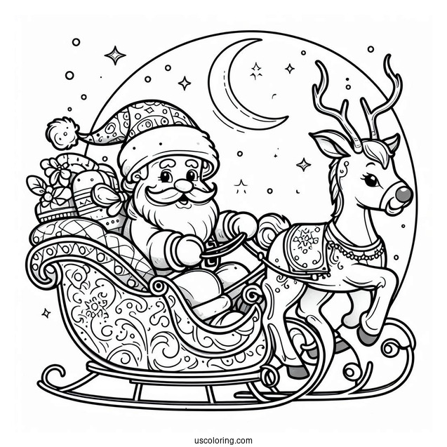 Santa In His Sleigh With Rudolph To Color