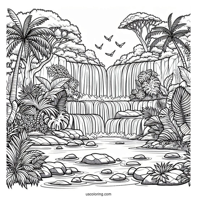 Detailed Jungle Coloring Page Of Waterfall