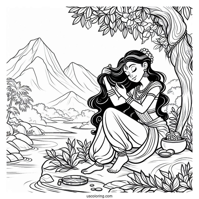 Jungle Book Coloring Page Of Shanti Fixing Her Hair While Sitting On Rock