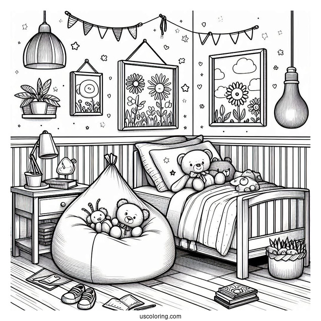 Kid's Bedroom Coloring Page With Bean Bag, Stuffed Toys, And Paintings