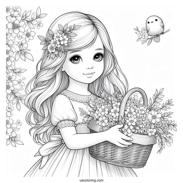 Realistic Little Girl Holding Basket Of Spring Coloring Page Flowers