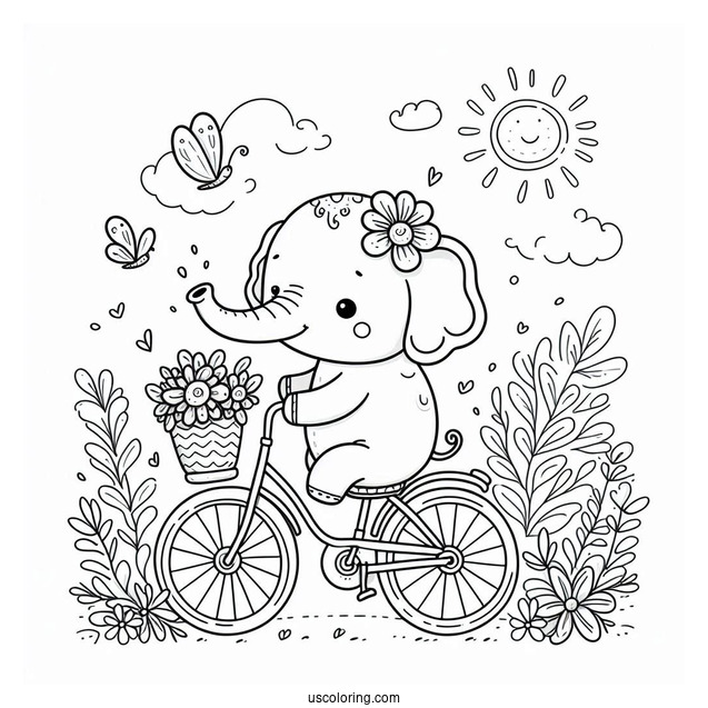Cute Elephant On A Small Bicycle Coloring Page