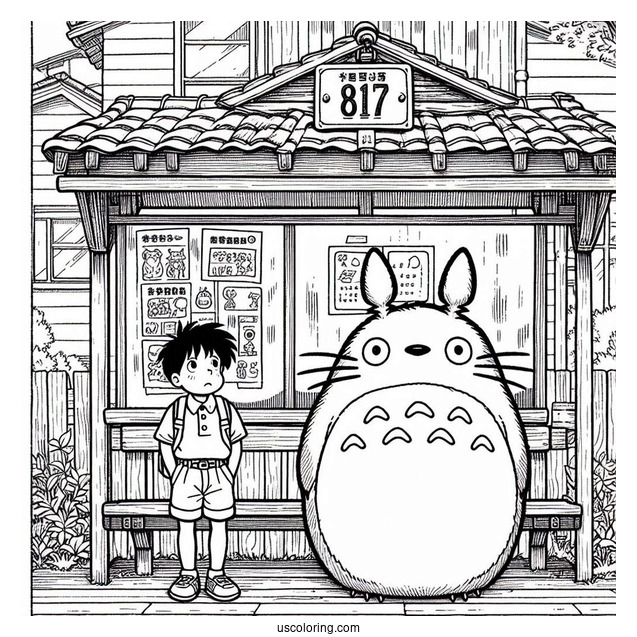 Studio Ghibli Coloring Page of Iconic My Neighbor Totoro At Bus Stop Poster