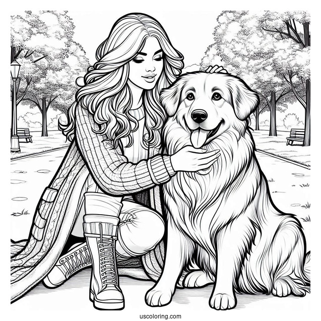 Woman Playing With Large Dog In Park Coloring Sheet