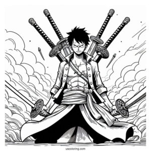 One Piece Coloring Page Of Zoro Using Three Swords In Battle
