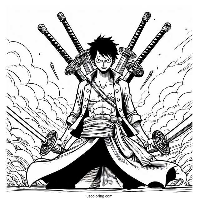 One Piece Coloring Page Of Zoro Using Three Swords In Battle
