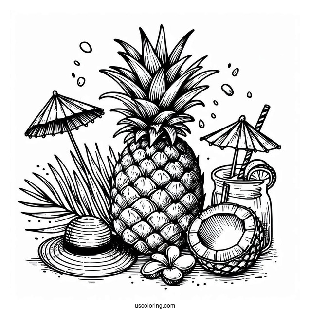 Summer Pineapple Coloring Page With Hat and Coconuts
