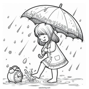 Child Playing In The Rain Coloring Page