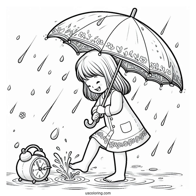 Child Playing In The Rain Coloring Page