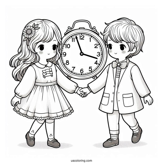 Two Children Holding Hands With a Clock