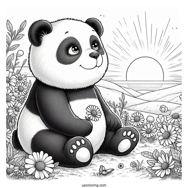 Realistic Panda Coloring Page Sitting in Flower Field with Sunrise in Background