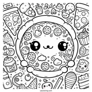 Kawaii Themed Pizza Coloring Sheet