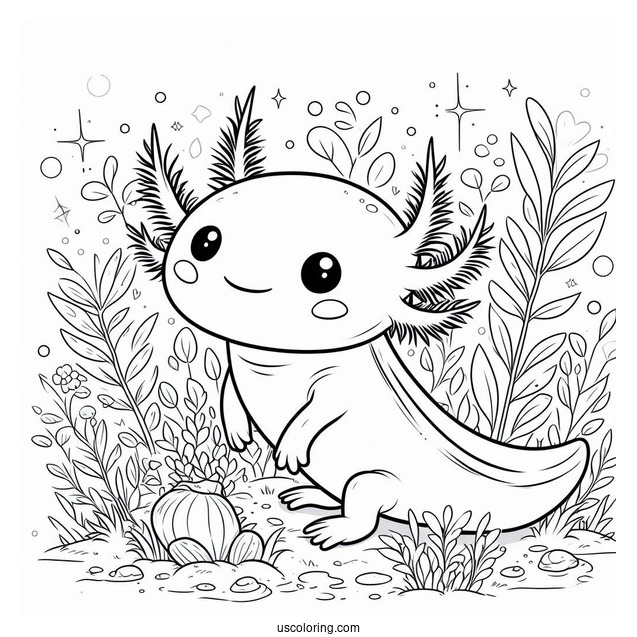 Adorable Little Axolotl Coloring Page Surrounded By Weeds