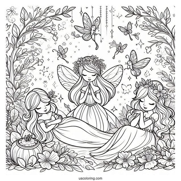 Flora, Fauna, and Merryweather Fairies Coloring Sheet