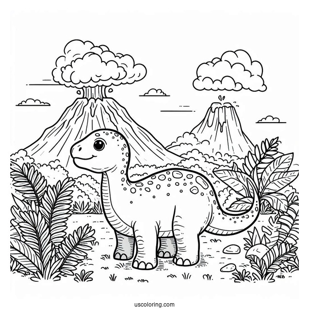 Little Apatosaurus With Volcano In The Background