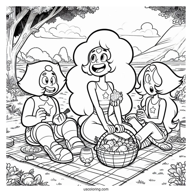 Detailed Steven Universe Coloring Page With Connie, Sardonyx, And Amethyst Having Picnic