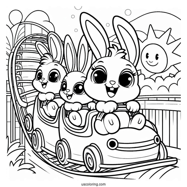 Sunny Bunnies Coloring Page Turbo, Shiny, Big Boo, Iris, And Hopper Riding Rollercoaster For Kids