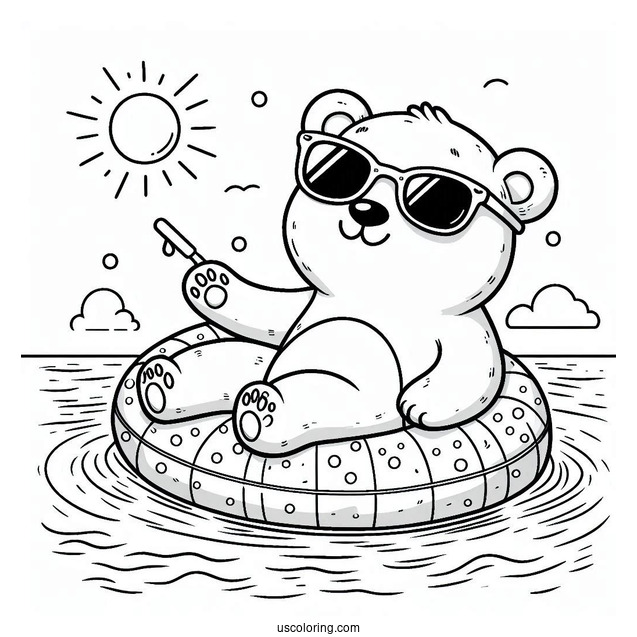 Swimming Coloring Page Of Polar Bear With Sunglasses On An Inflatable In The Pool