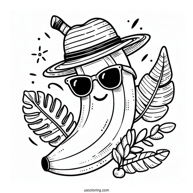 Banana Coloring Page With A Hat And Sunglasses For Kids