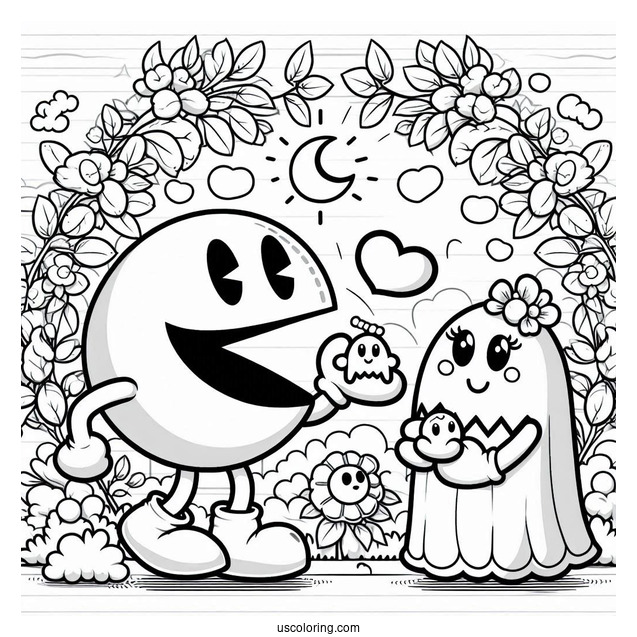 Pac Man With Mrs. Pac-Man Coloring Page And Baby In The Garden