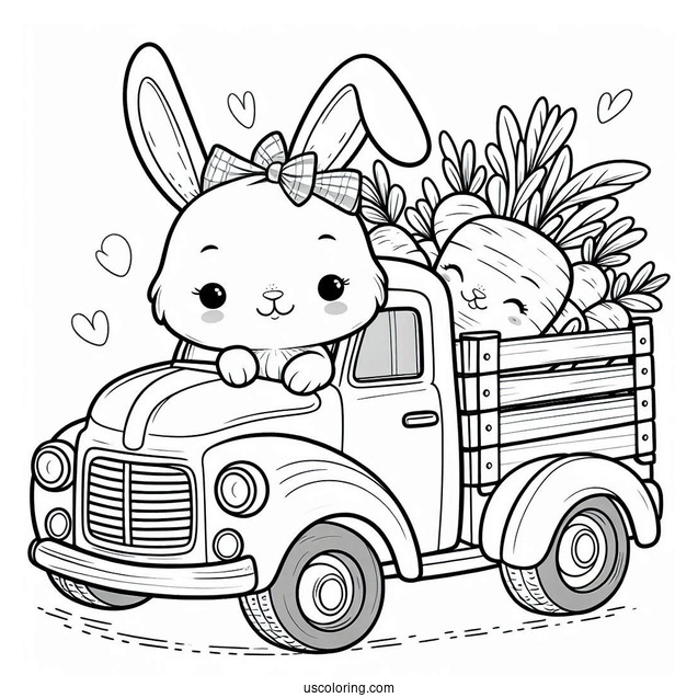 Easter Bunny Coloring Page At The Back Of Pick Up Truck With Carrots