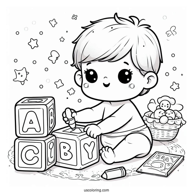 Cute Baby Coloring Page Playing With Alphabet Blocks