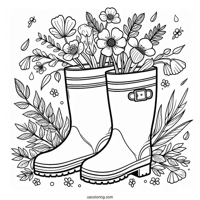 Rainboots Filled With Spring Coloring Page Wildflowers