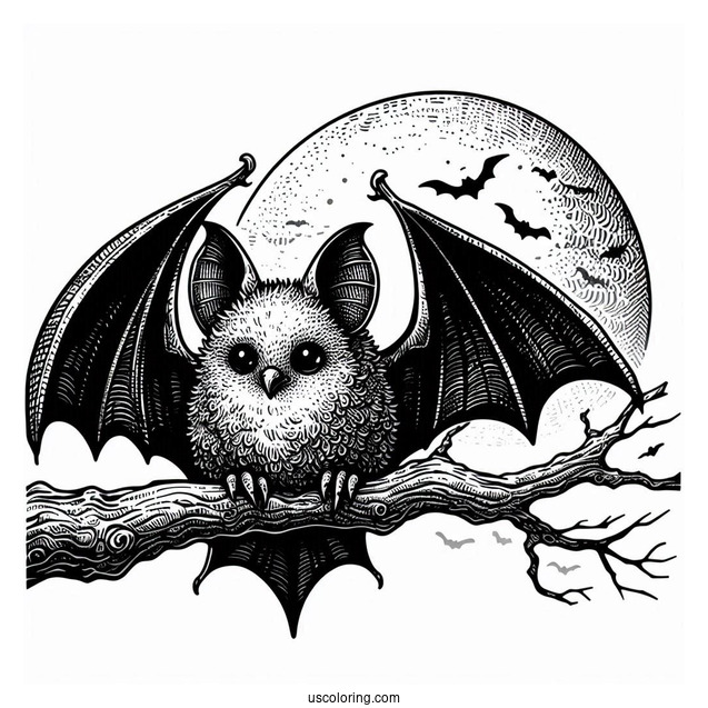 Scary Bat Coloring Page Roosting On Tree Branch