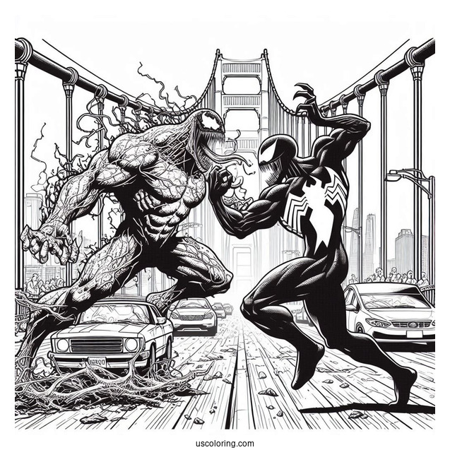 Venom Vs Carnage Coloring Page Fighting On Golden Gate Bridge