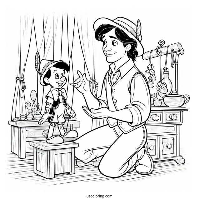 Figaro Playing With Puppet Pinocchio Coloring Page In Workshop