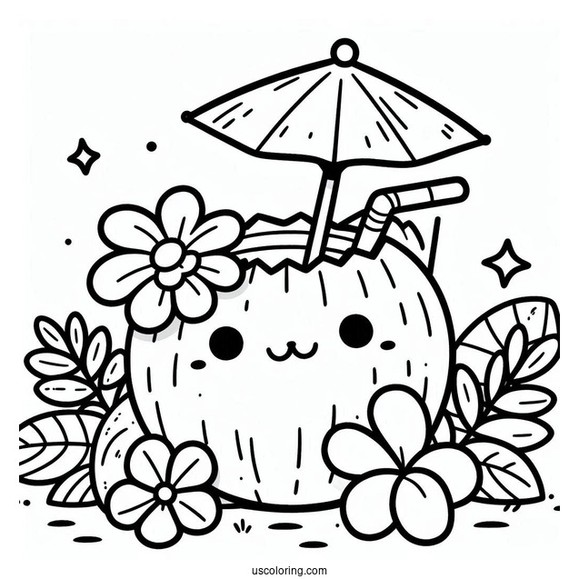 Cute Smiling Coconut Coloring Page Drink With Flower And Mini Umbrella For Kids