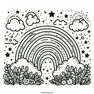 Coloring Page Of a Rainbow With Clouds And Stars