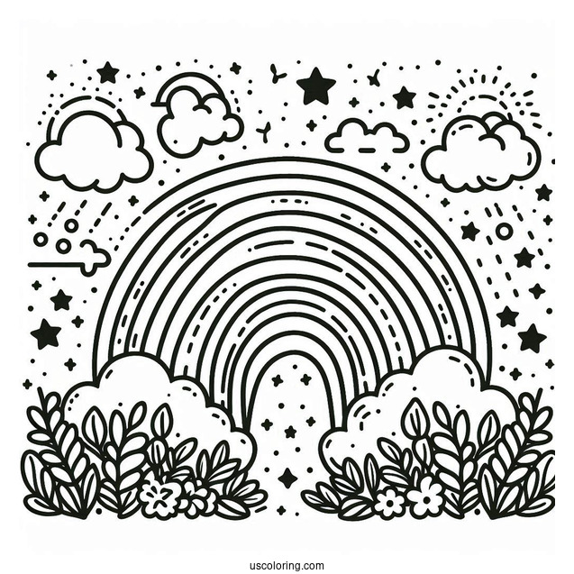 Coloring Page Of a Rainbow With Clouds And Stars
