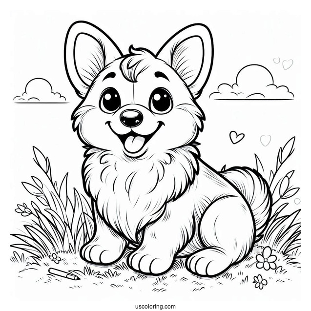 Happy Corgi Coloring Page Sitting On Grass