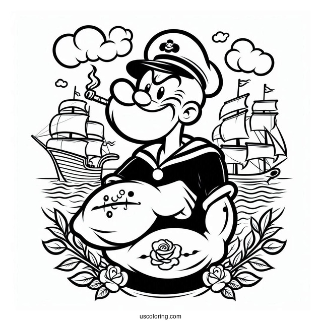 Popeye Coloring Page The Sailor Man Logo With Ship And Roses