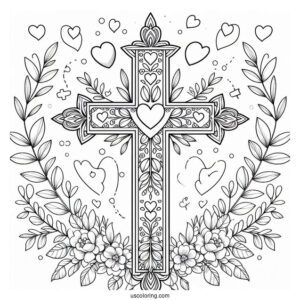 Cross Coloring Page With Love Hearts And Floral Details