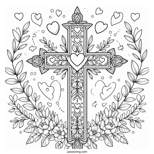 Cross Coloring Page With Love Hearts And Floral Details