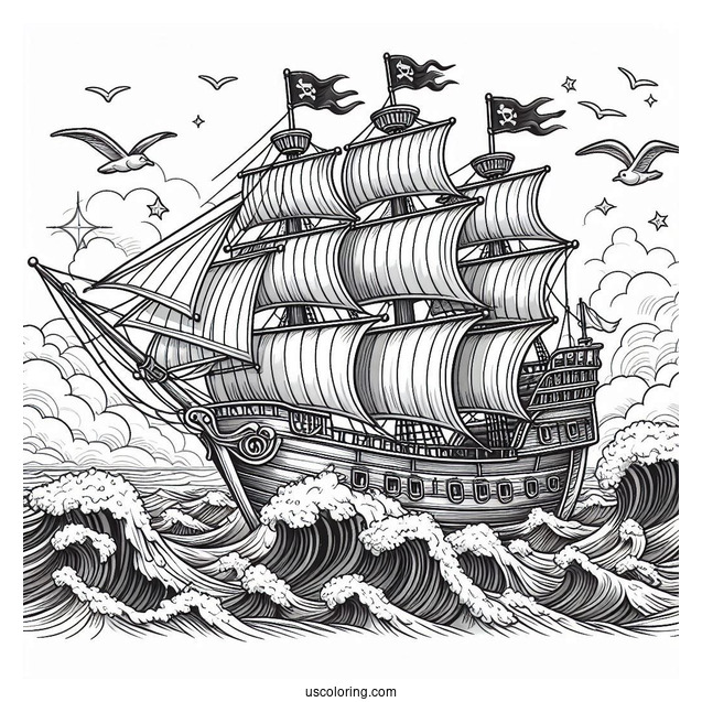 Realistic Pirate Ship Coloring Page With Large Waves At The Side