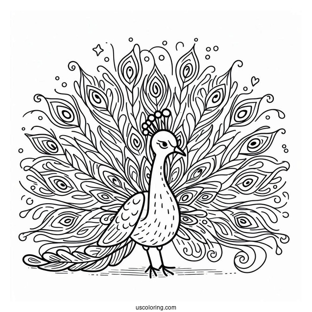 Cute Peacock Coloring Page with Fanned Feathers For Kids