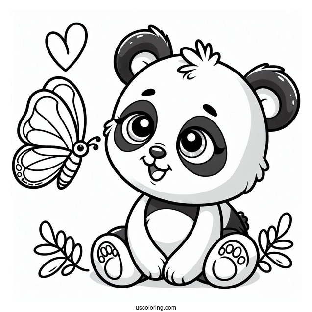 Baby Panda Coloring Page Smiling at a Butterfly