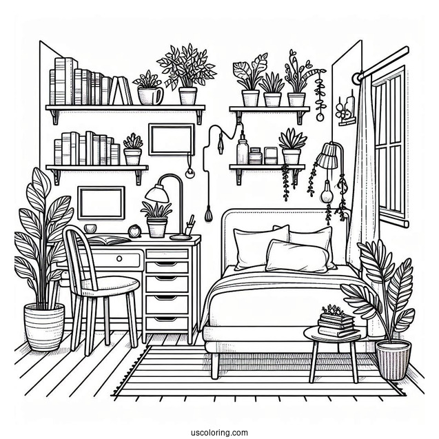 Bedroom Coloring Page Of Tiny Studio Apartment With Bookshelf And Plants