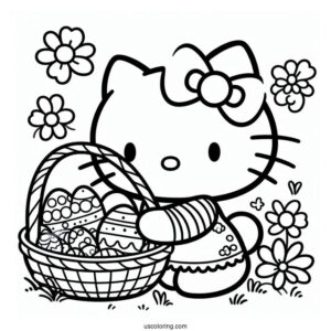 Hello Kitty In Easter Bunny Coloring Page Costume Carrying Basket Of Eggs