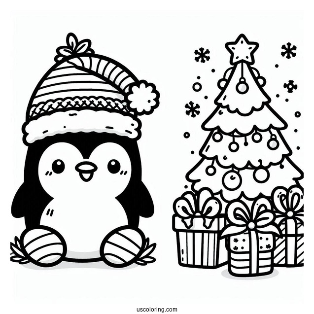 Kawaii Penguin Christmas Coloring Page
