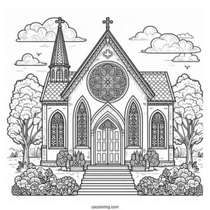 Church Coloring Page With Stained Glass Windows