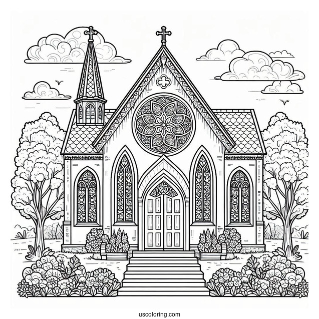 Church Coloring Page With Stained Glass Windows