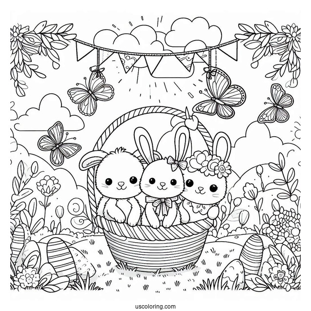 Happy Easter Coloring Page In Garden With Butterflies For Kids