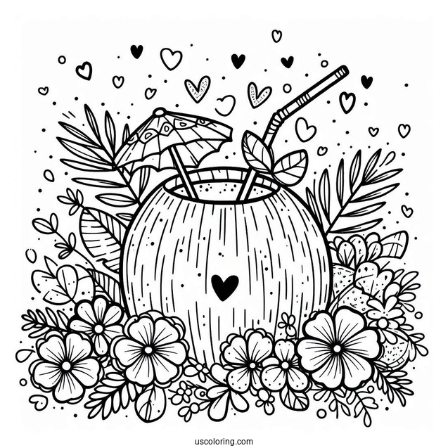 Adorable Coconut Coloring Page Drink With Flowers And Hearts For Kids