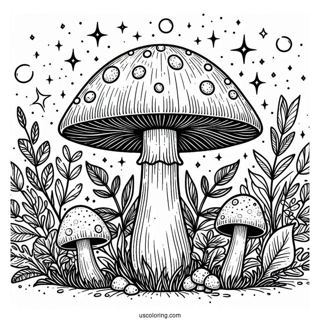 Large Mushroom Coloring Page With Other Plants Under The Night Sky