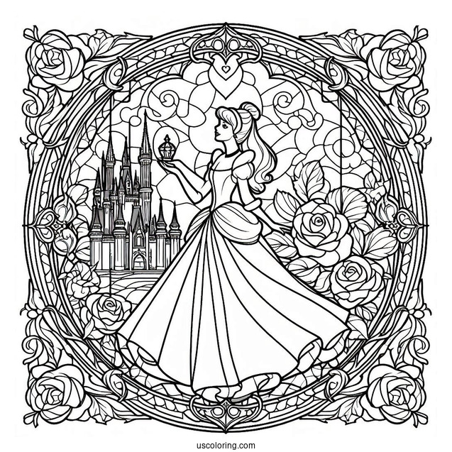 Detailed Cinderella Stained Glass With Castle And Roses